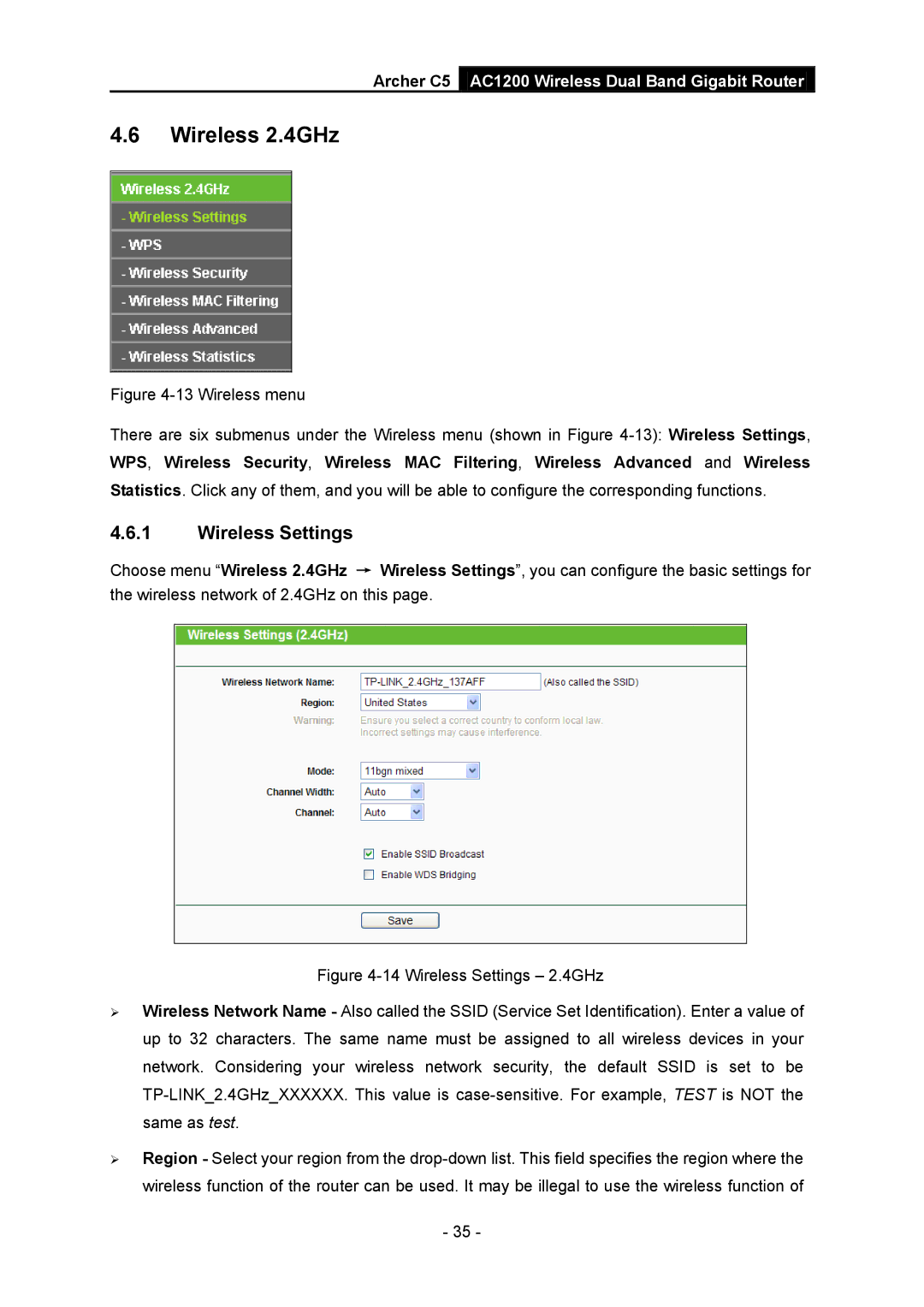 TP-Link AC1200 manual Wireless 2.4GHz, Wireless Settings 