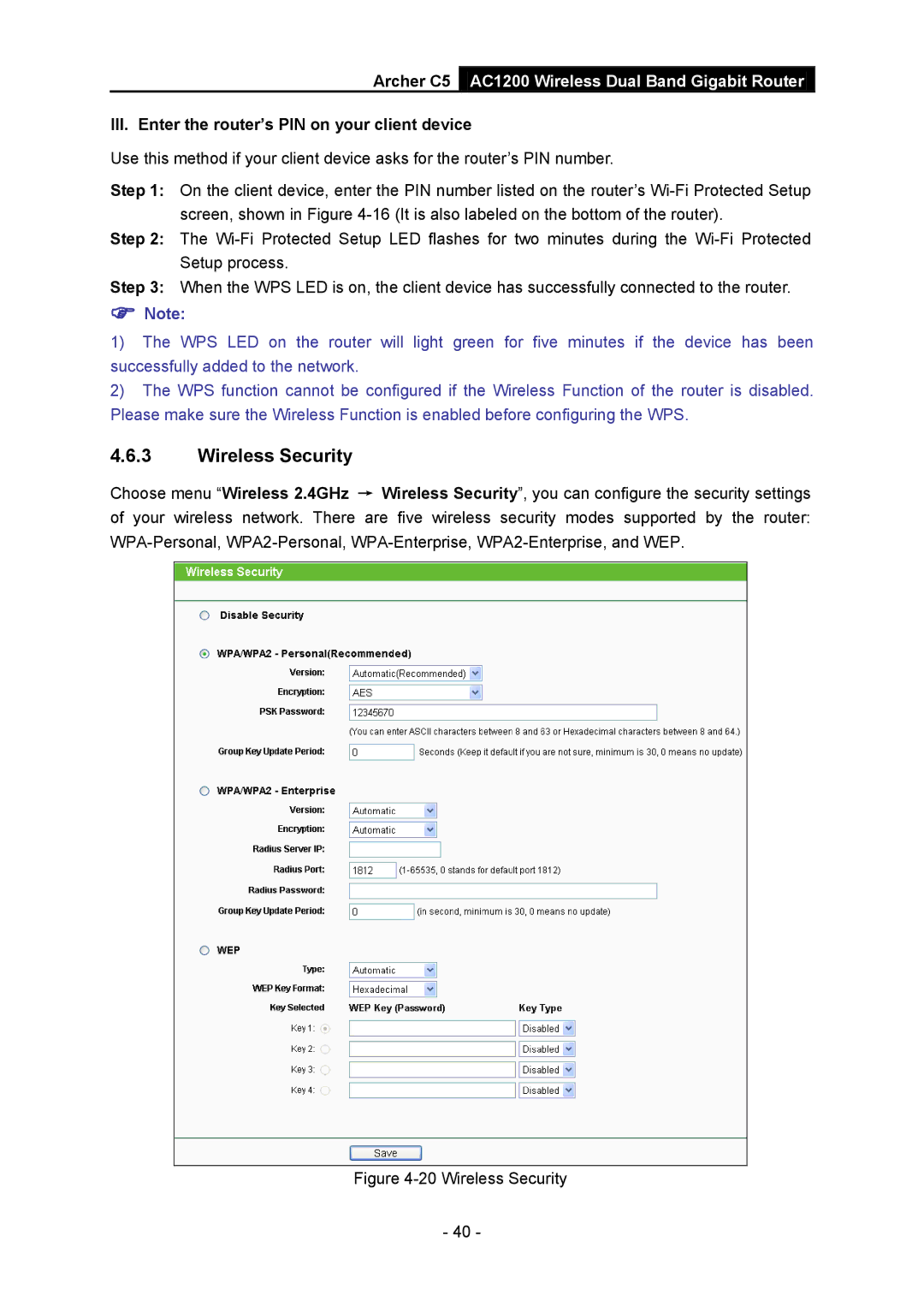 TP-Link AC1200 manual Wireless Security, III. Enter the router’s PIN on your client device 