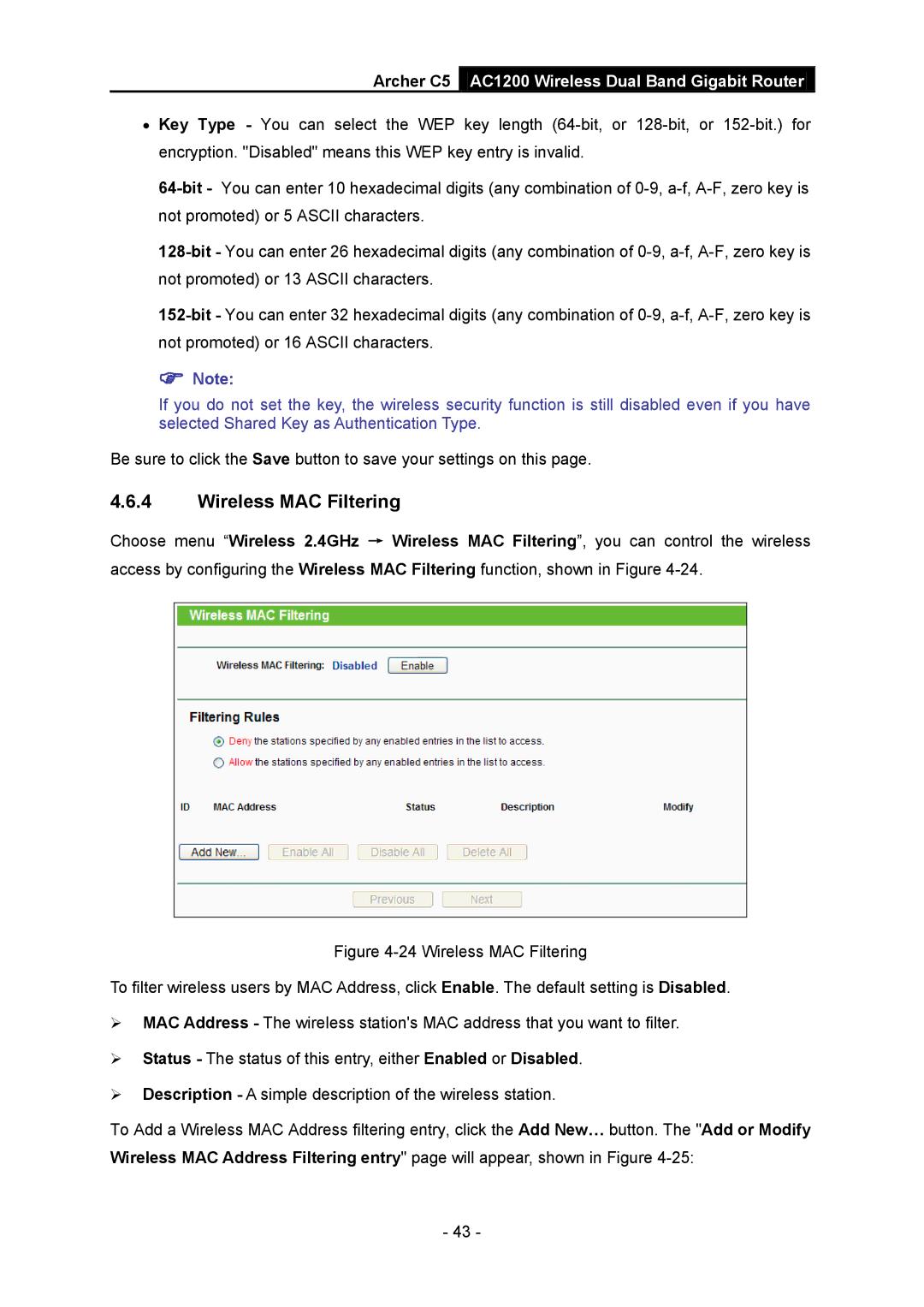 TP-Link AC1200 manual Wireless MAC Filtering 