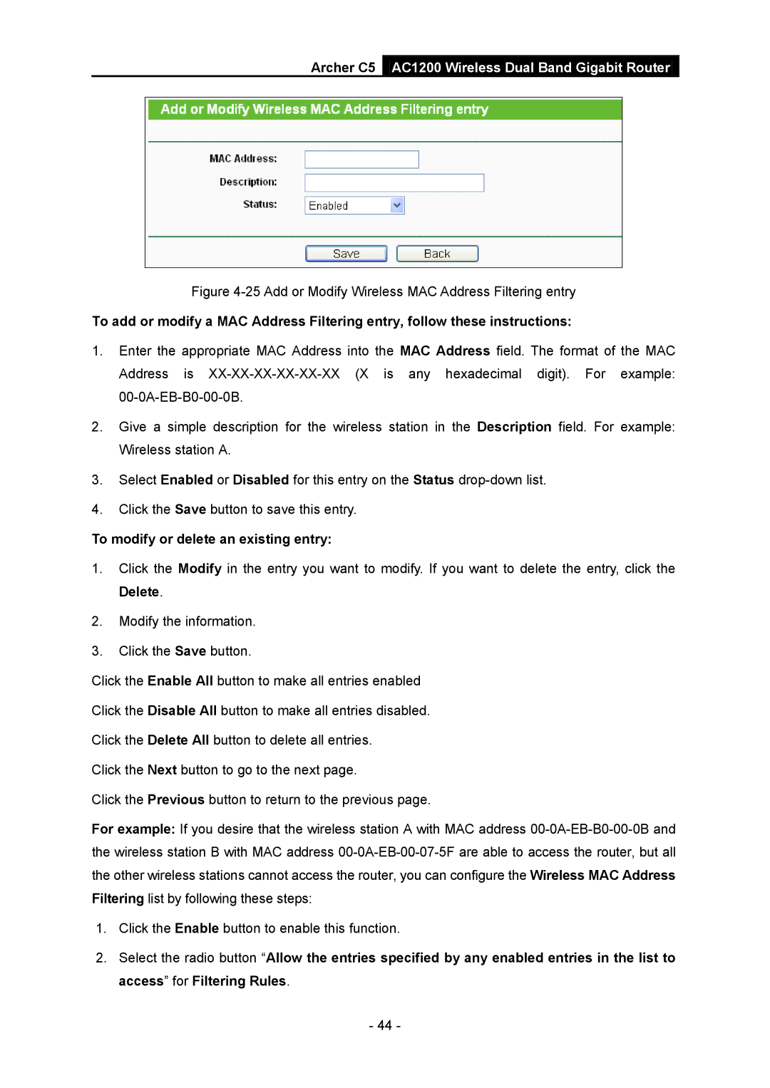 TP-Link AC1200 manual Add or Modify Wireless MAC Address Filtering entry, To modify or delete an existing entry 