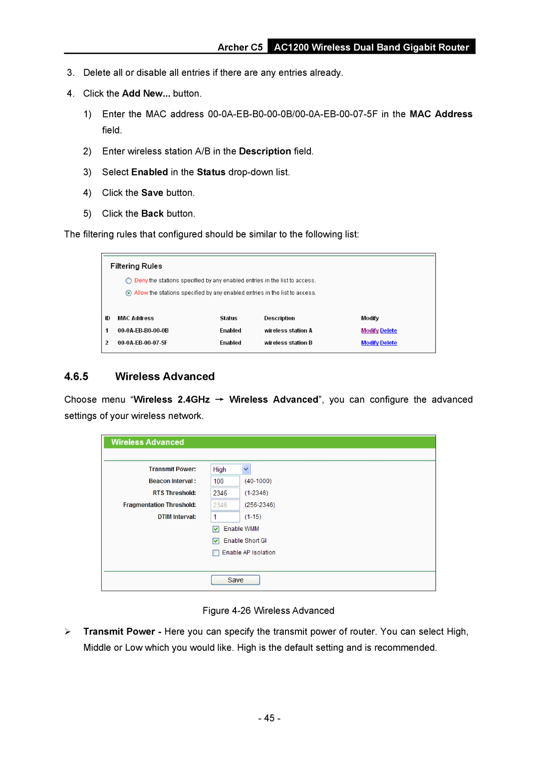 TP-Link AC1200 manual Wireless Advanced 