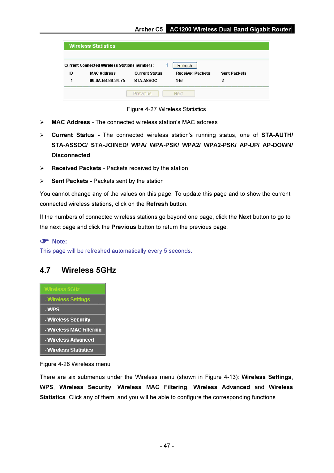 TP-Link AC1200 manual Wireless 5GHz, Archer C5 