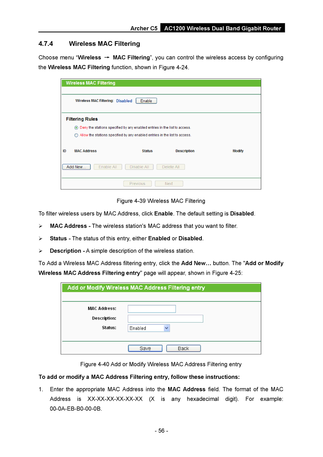 TP-Link AC1200 manual Add or Modify Wireless MAC Address Filtering entry 