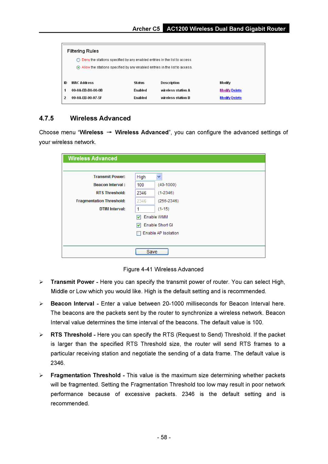 TP-Link AC1200 manual Wireless Advanced 