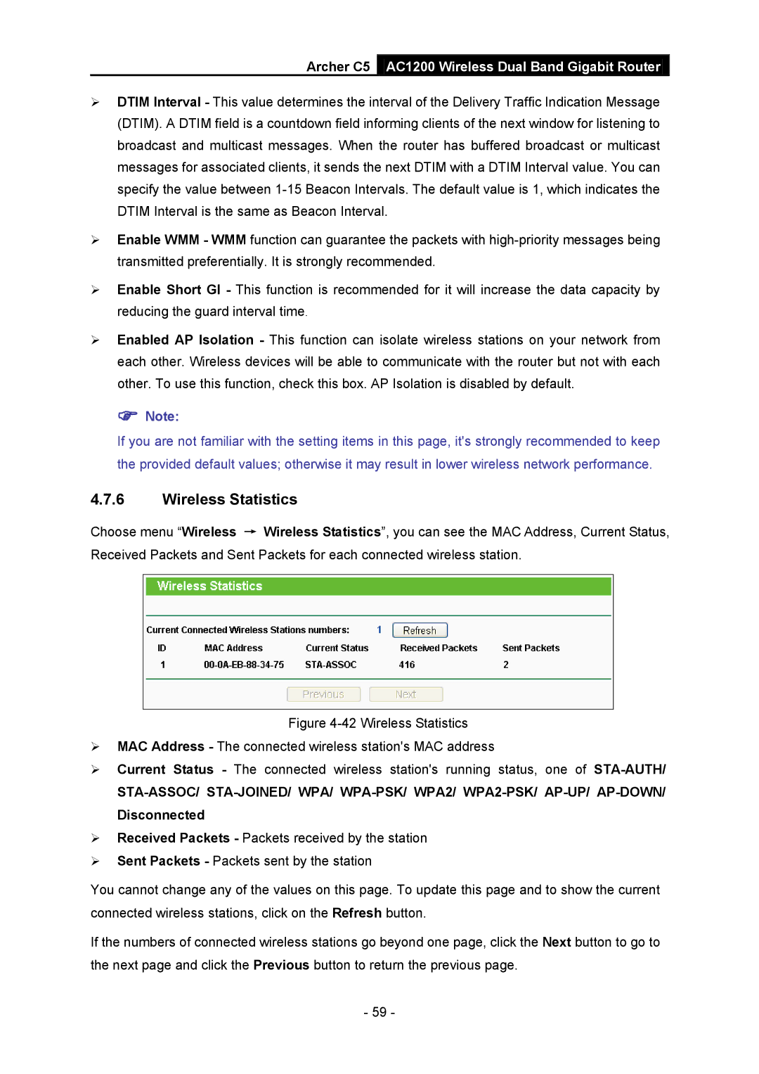 TP-Link AC1200 manual Wireless Statistics 