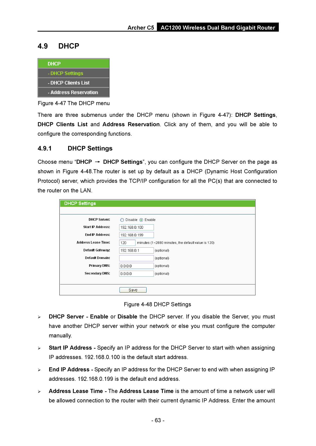 TP-Link AC1200 manual Dhcp Settings 