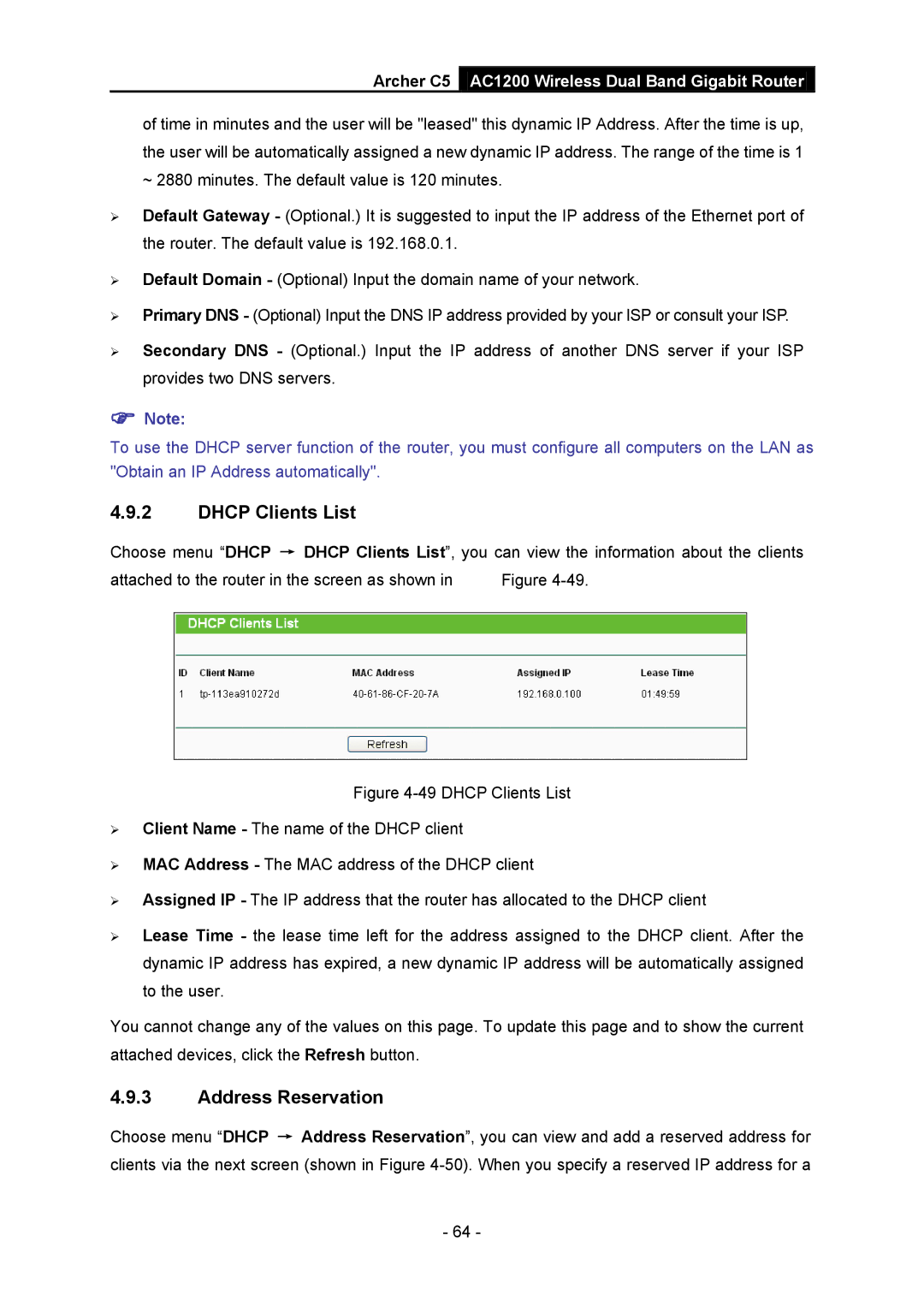 TP-Link AC1200 manual Dhcp Clients List, Address Reservation 