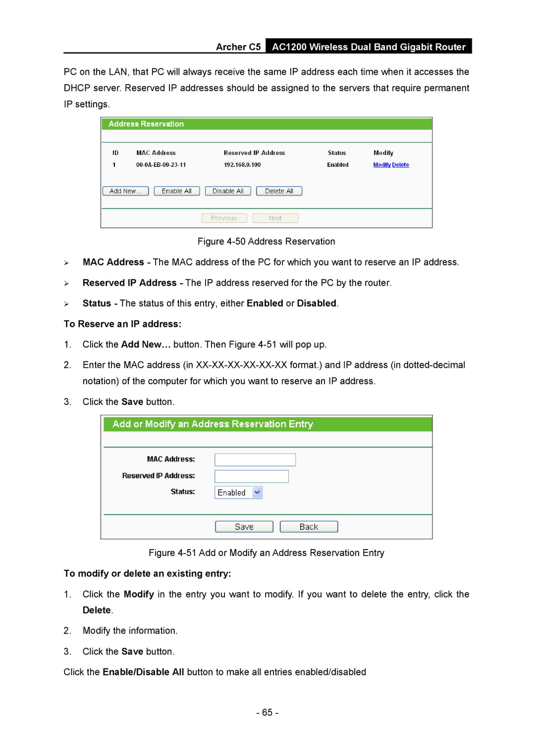 TP-Link AC1200 manual To Reserve an IP address, Add or Modify an Address Reservation Entry 