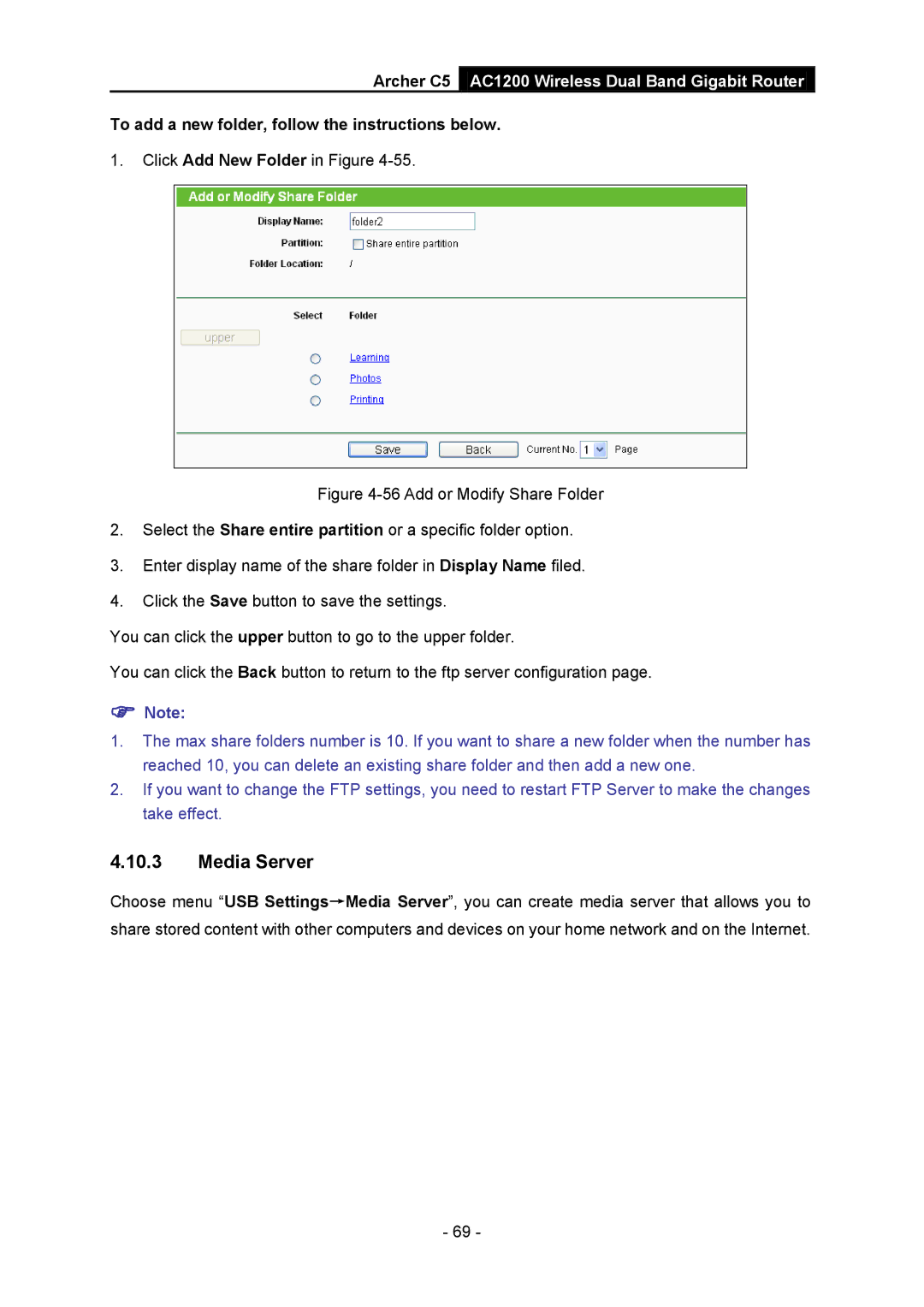 TP-Link AC1200 manual Media Server, To add a new folder, follow the instructions below 