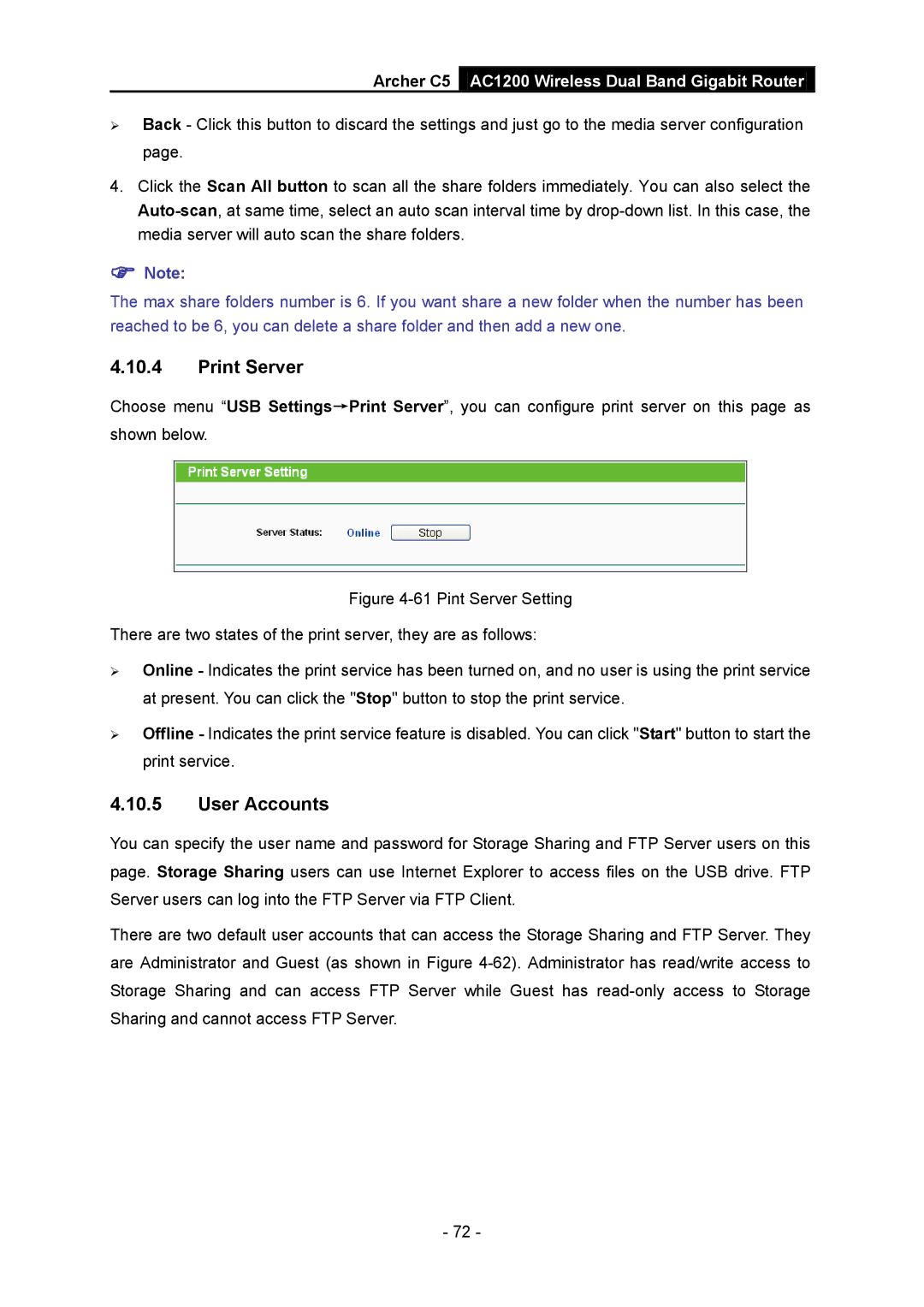 TP-Link AC1200 manual Print Server, User Accounts 