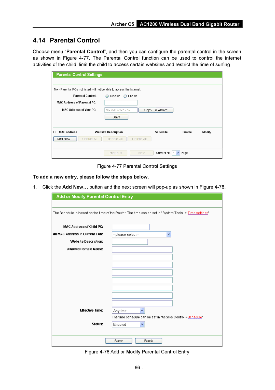 TP-Link AC1200 manual Parental Control, To add a new entry, please follow the steps below 