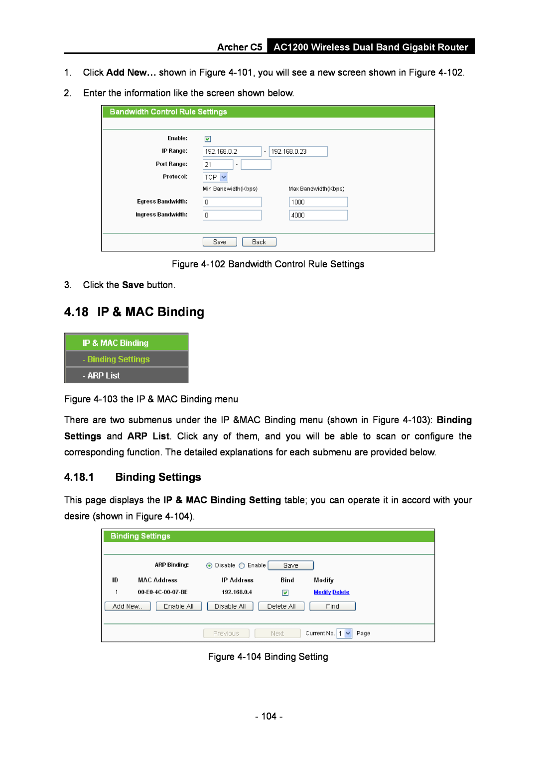 TP-Link manual 4.18 IP & MAC Binding, Binding Settings, Archer C5 AC1200 Wireless Dual Band Gigabit Router 