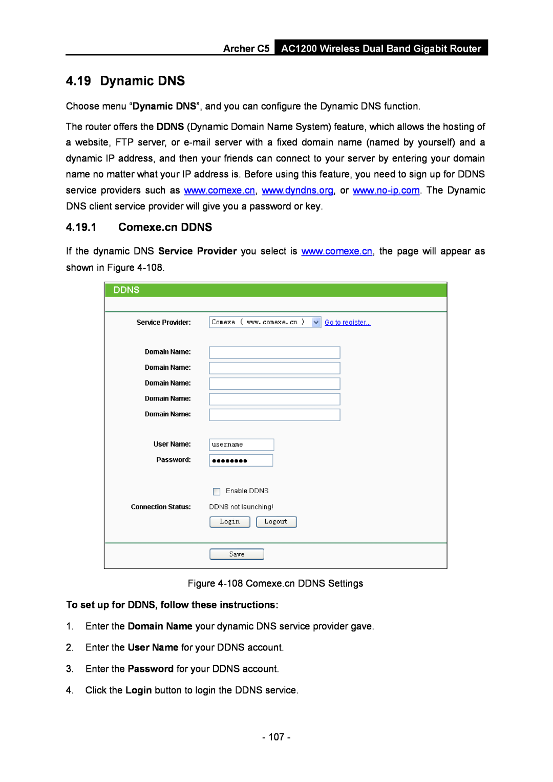 TP-Link AC1200 manual Dynamic DNS, Comexe.cn DDNS, To set up for DDNS, follow these instructions 