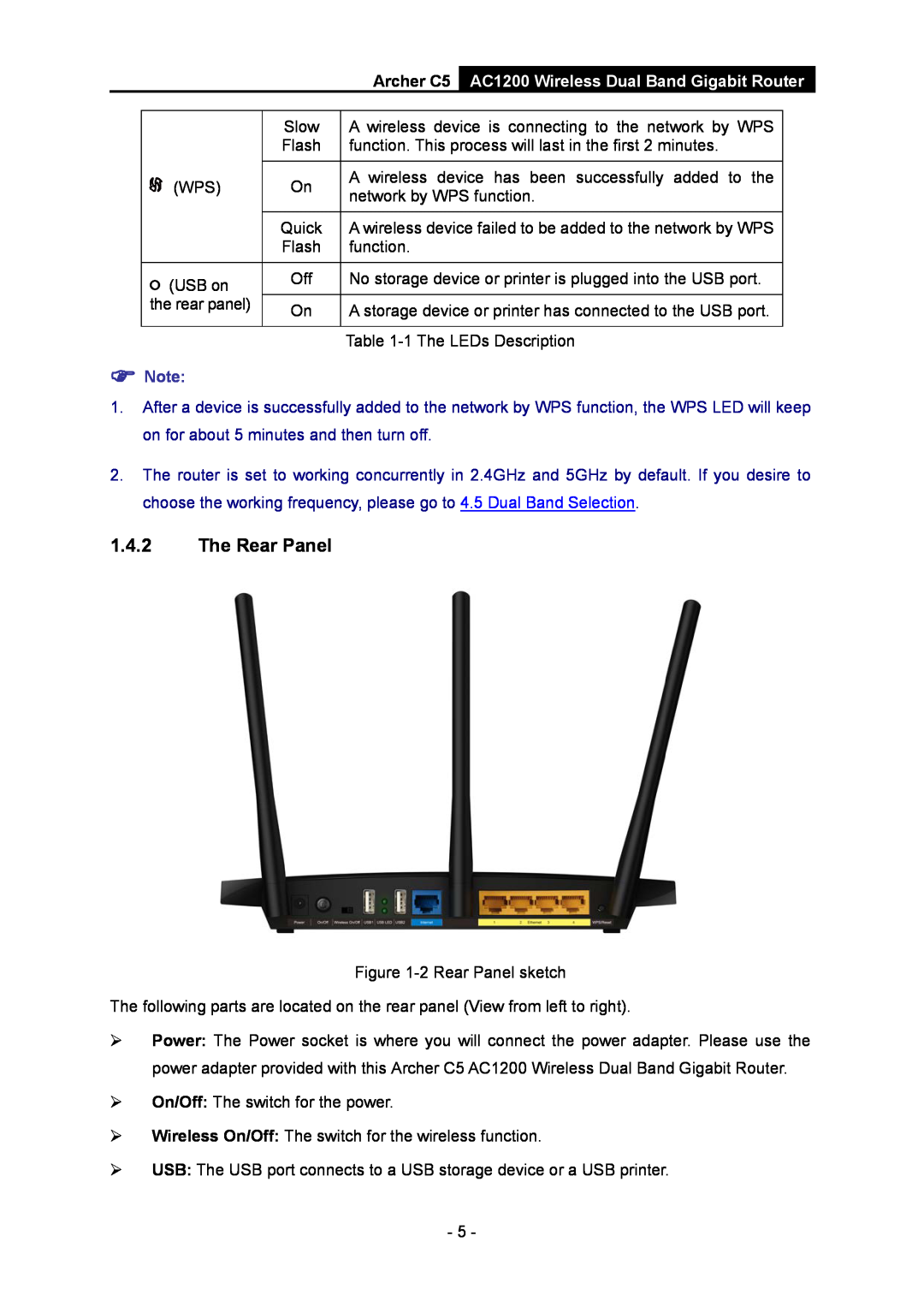 TP-Link manual The Rear Panel, Archer C5, AC1200 Wireless Dual Band Gigabit Router,  Note 