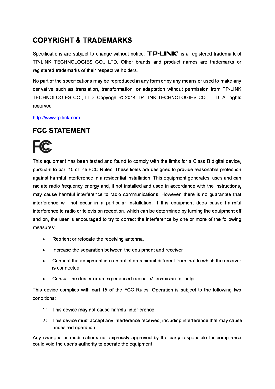 TP-Link AC1200 manual Copyright & Trademarks, Fcc Statement 