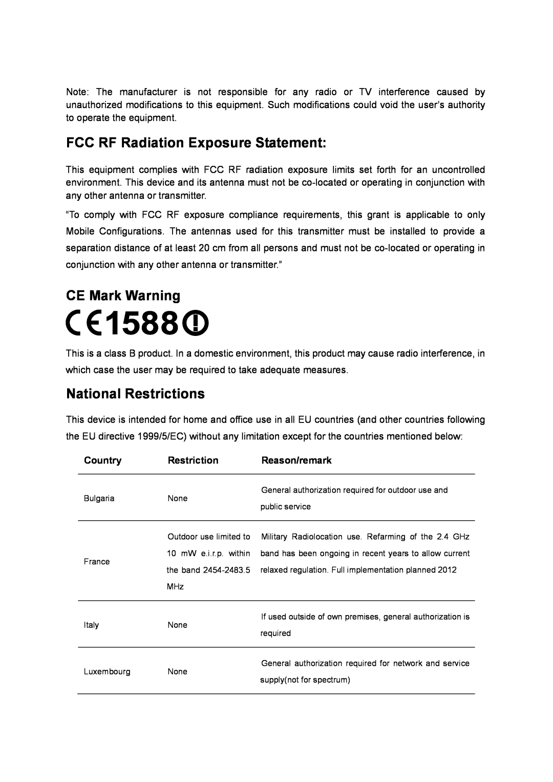 TP-Link AC1200 manual FCC RF Radiation Exposure Statement, CE Mark Warning, National Restrictions 