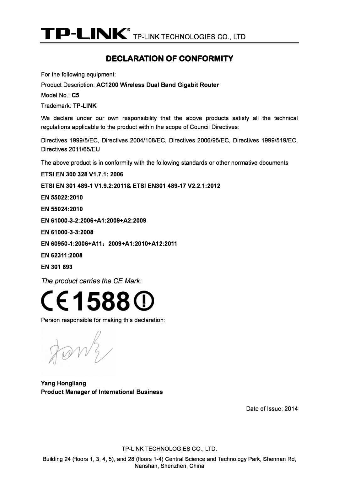 TP-Link Declaration Of Conformity, Product Description AC1200 Wireless Dual Band Gigabit Router, ETSI EN 300 328 V1.7.1 