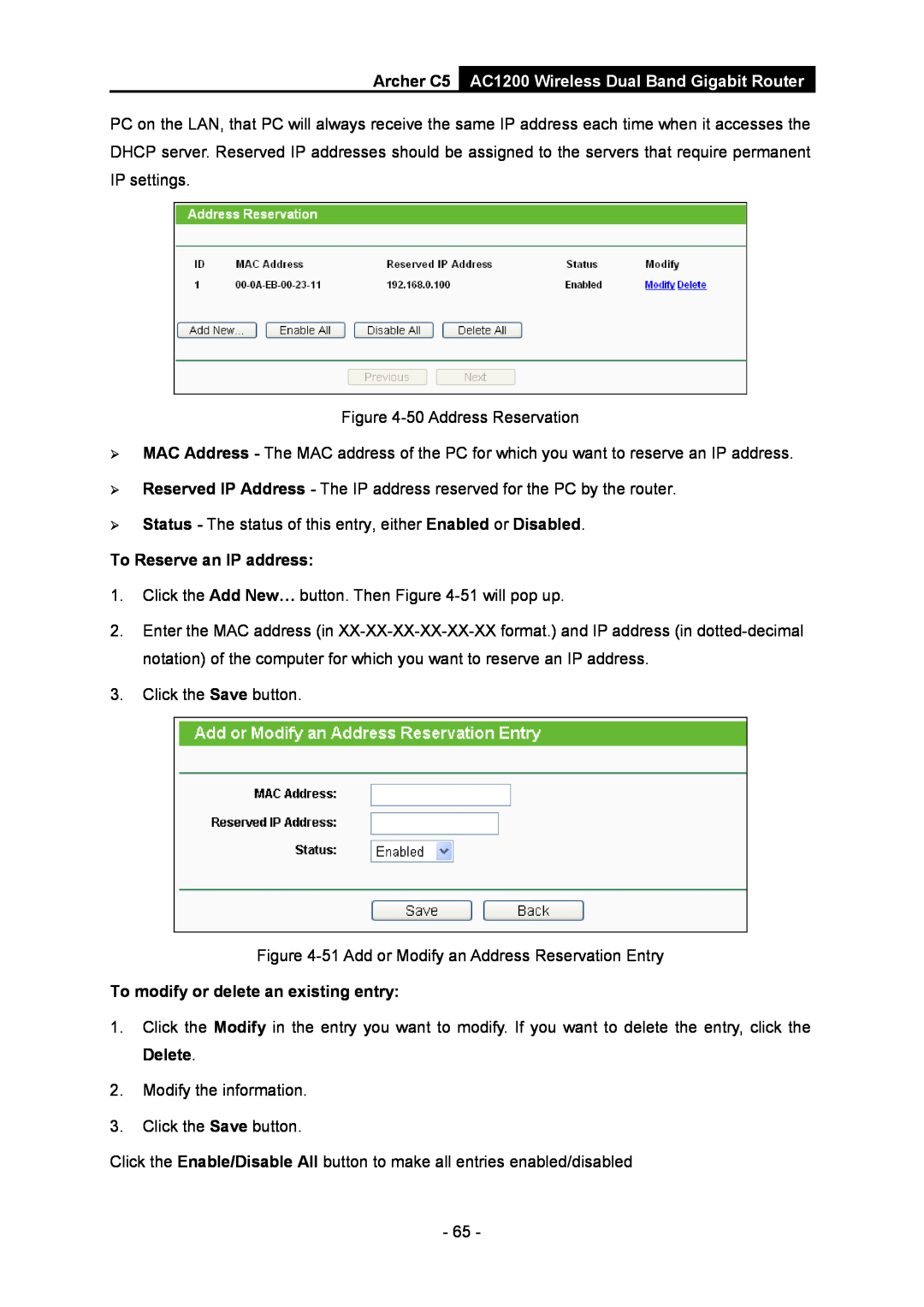 TP-Link manual To Reserve an IP address, Archer C5 AC1200 Wireless Dual Band Gigabit Router 