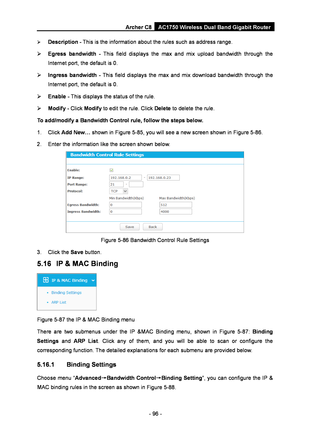 TP-Link manual 5.16 IP & MAC Binding, Binding Settings, Archer C8 AC1750 Wireless Dual Band Gigabit Router 