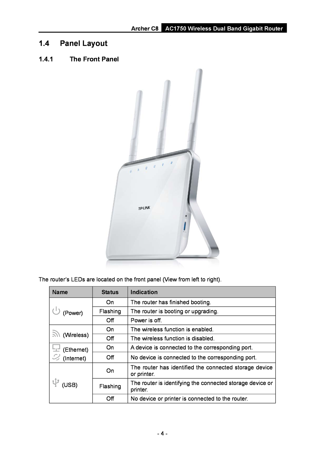 TP-Link manual Panel Layout, Archer C8 AC1750 Wireless Dual Band Gigabit Router, Name, Status, Indication 