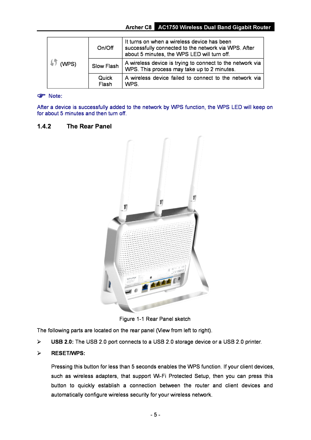 TP-Link manual The Rear Panel, Archer C8 AC1750 Wireless Dual Band Gigabit Router,  Note,  Reset/Wps 
