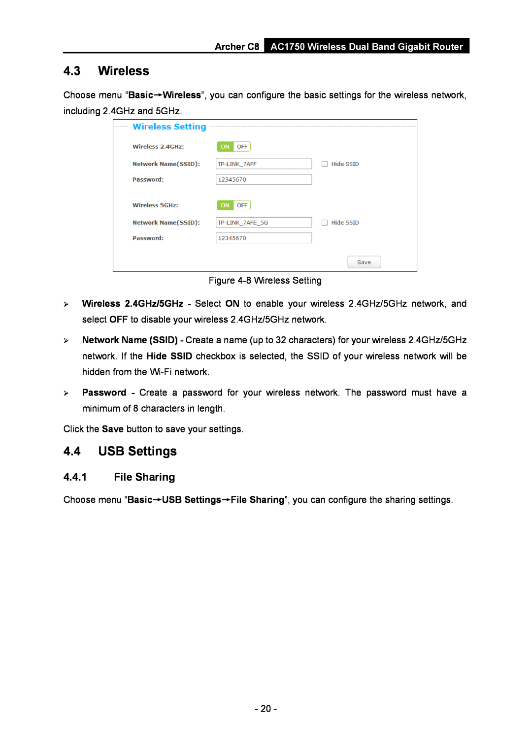 TP-Link manual USB Settings, File Sharing, Archer C8 AC1750 Wireless Dual Band Gigabit Router 