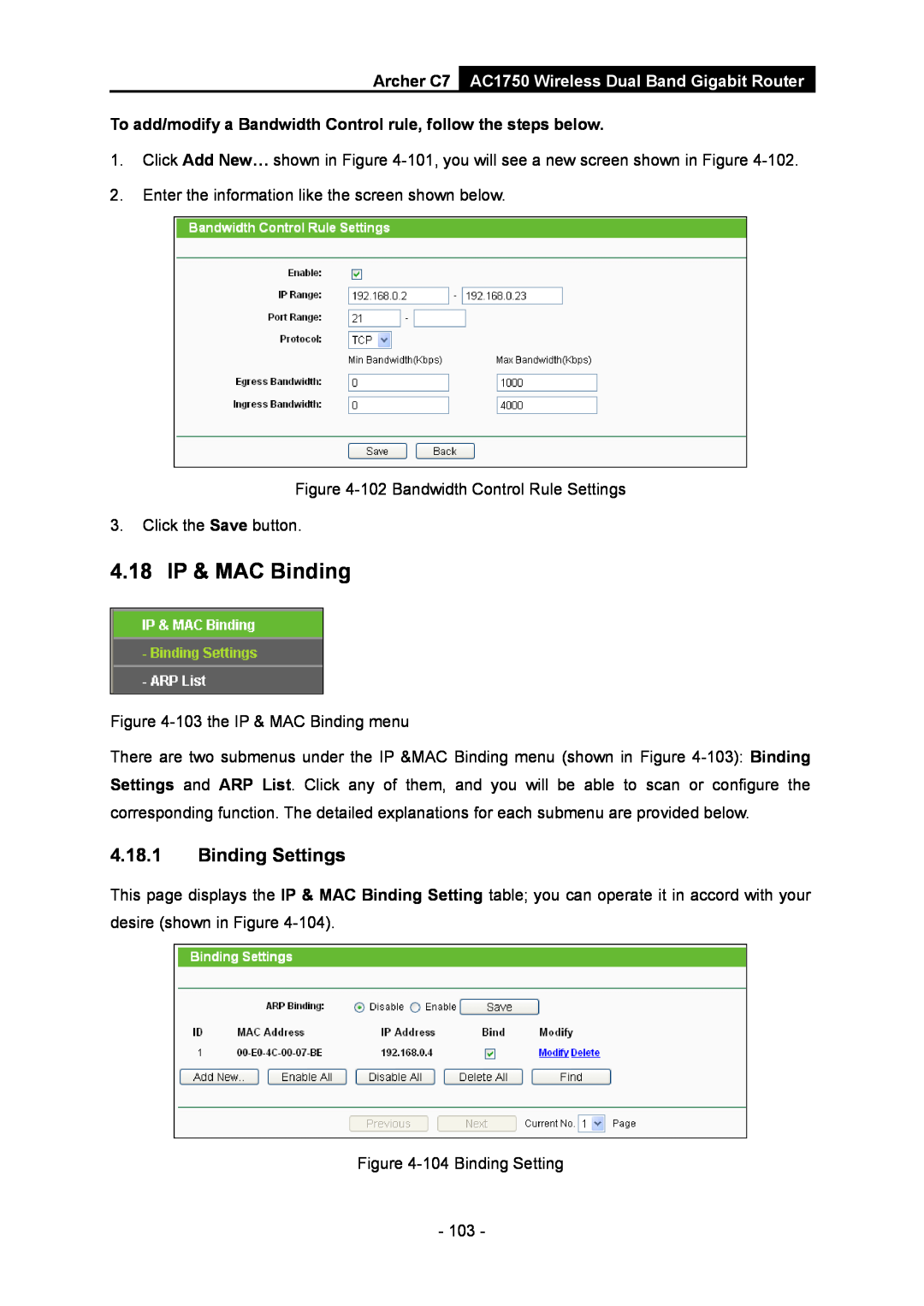TP-Link AC1750 4.18 IP & MAC Binding, Binding Settings, To add/modify a Bandwidth Control rule, follow the steps below 