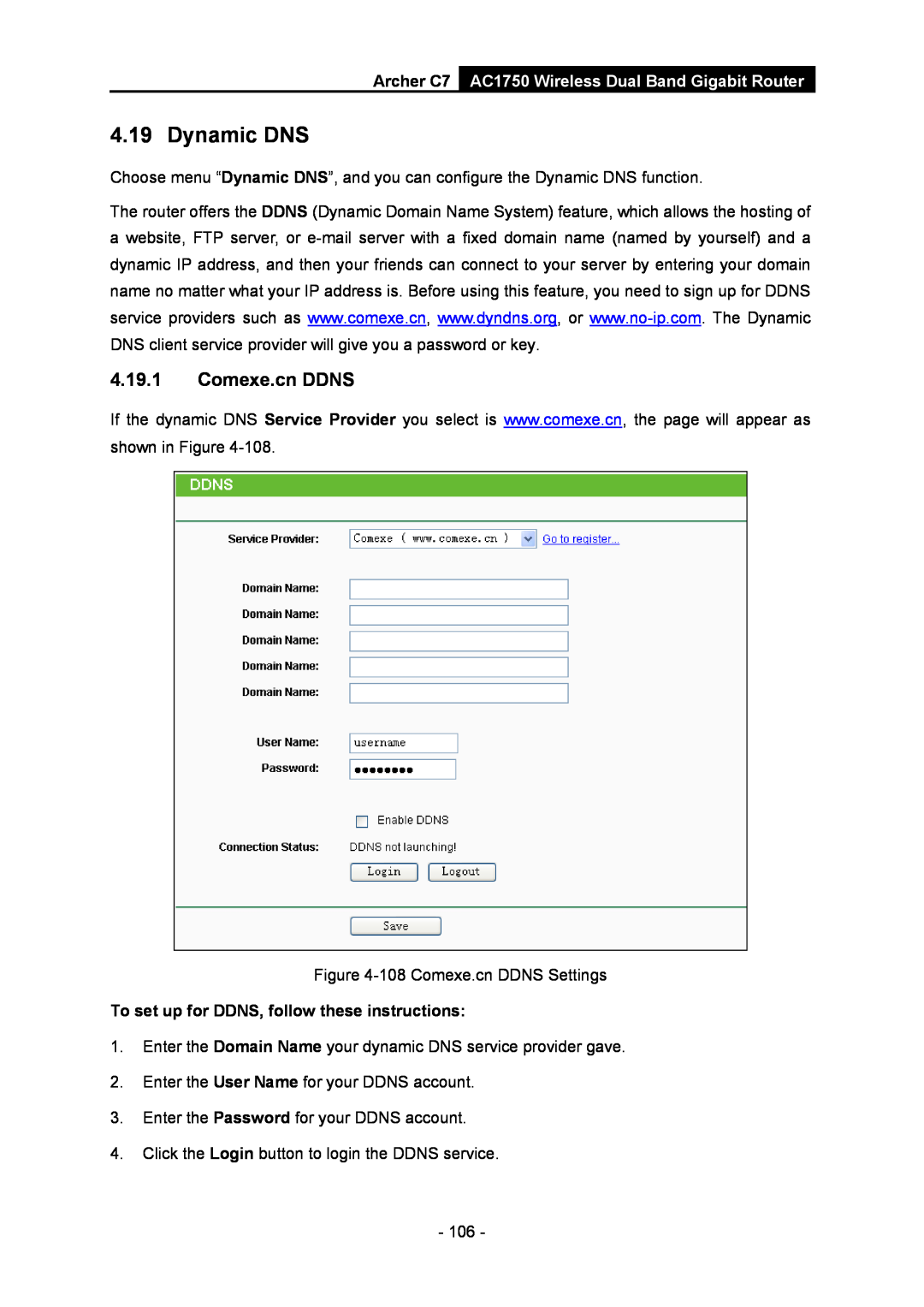 TP-Link AC1750 manual Dynamic DNS, Comexe.cn DDNS, To set up for DDNS, follow these instructions 