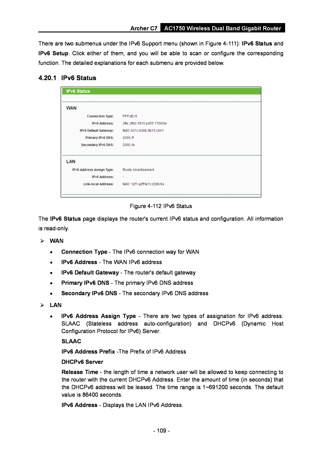 TP-Link 4.20.1 IPv6 Status,  Wan,  Lan, Slaac, DHCPv6 Server, Archer C7 AC1750 Wireless Dual Band Gigabit Router 