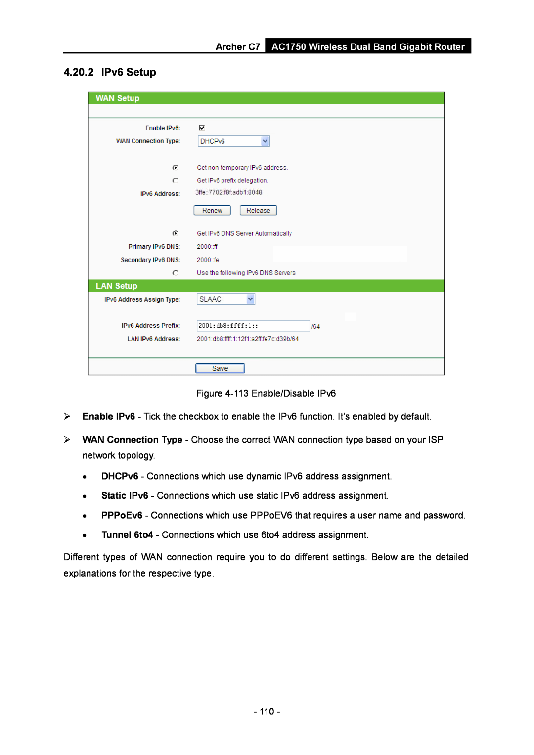 TP-Link manual 4.20.2 IPv6 Setup, Archer C7 AC1750 Wireless Dual Band Gigabit Router 