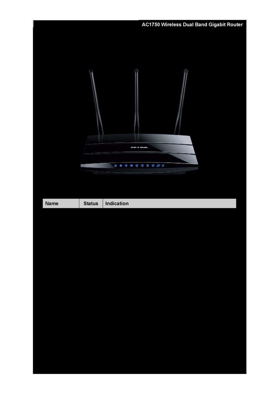 TP-Link manual Panel Layout, The Front Panel, Name, Indication, Archer C7 AC1750 Wireless Dual Band Gigabit Router 
