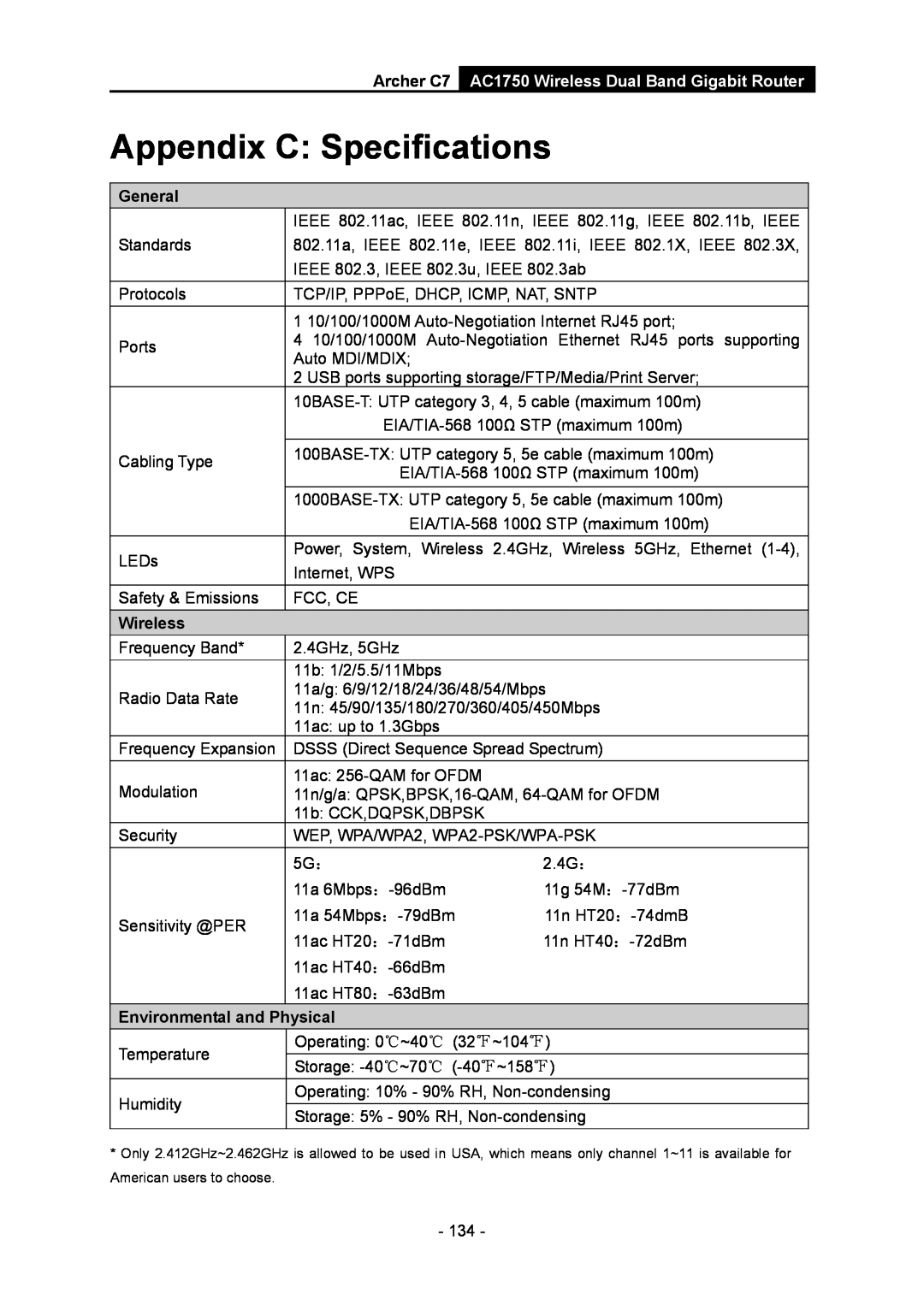 TP-Link AC1750 manual Appendix C Specifications, General, Wireless, Environmental and Physical, Archer C7 
