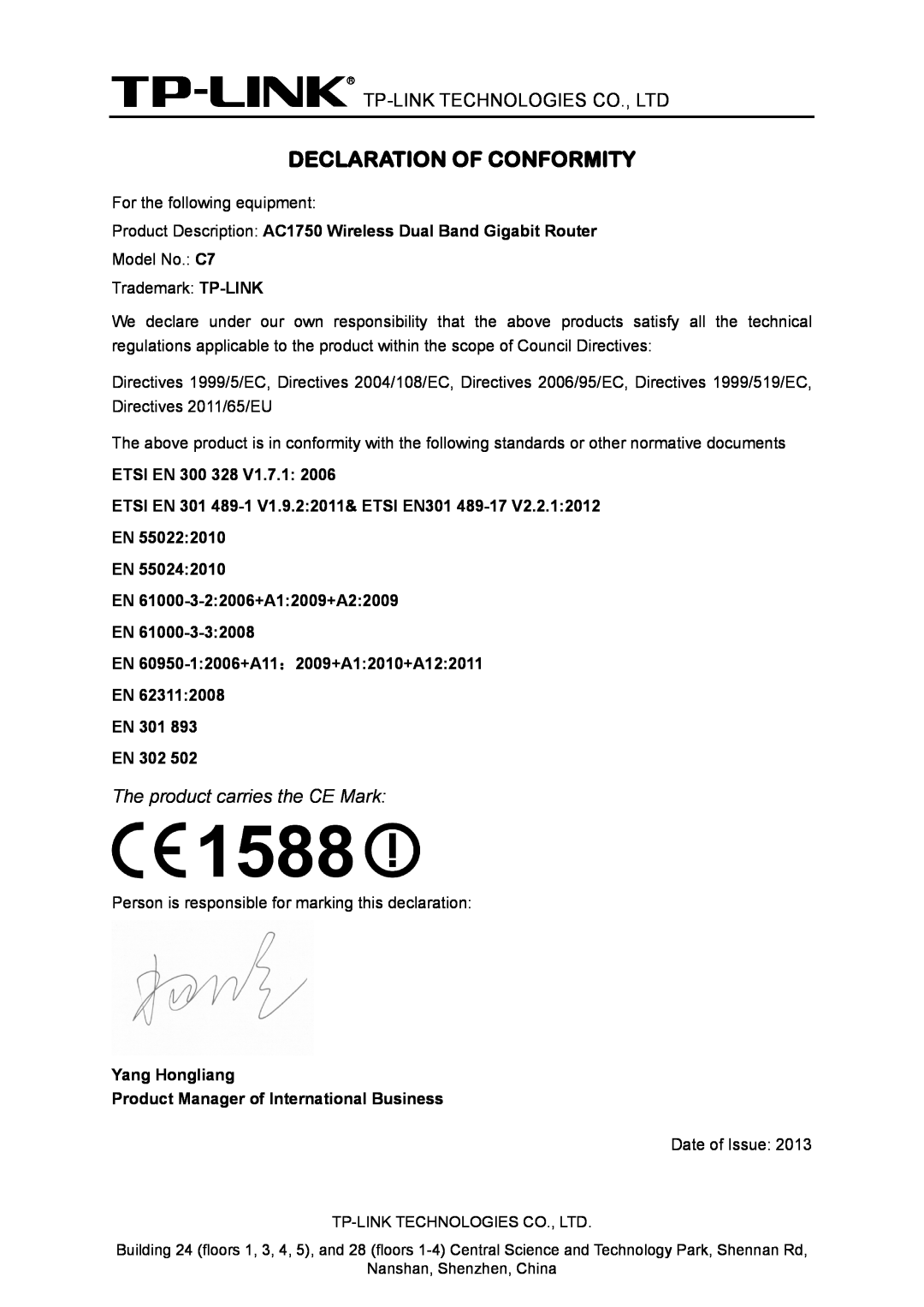 TP-Link Declaration Of Conformity, Product Description AC1750 Wireless Dual Band Gigabit Router, ETSI EN 300 328 V1.7.1 