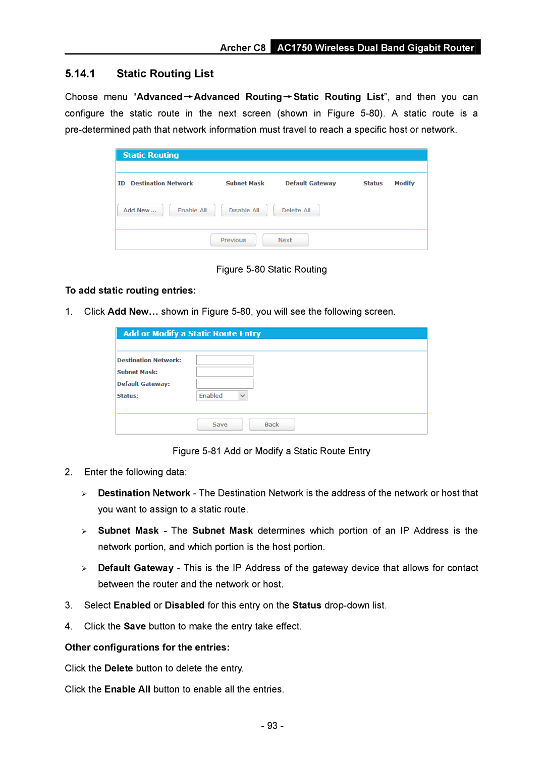 TP-Link AC1750 manual Static Routing List, To add static routing entries, Other configurations for the entries 