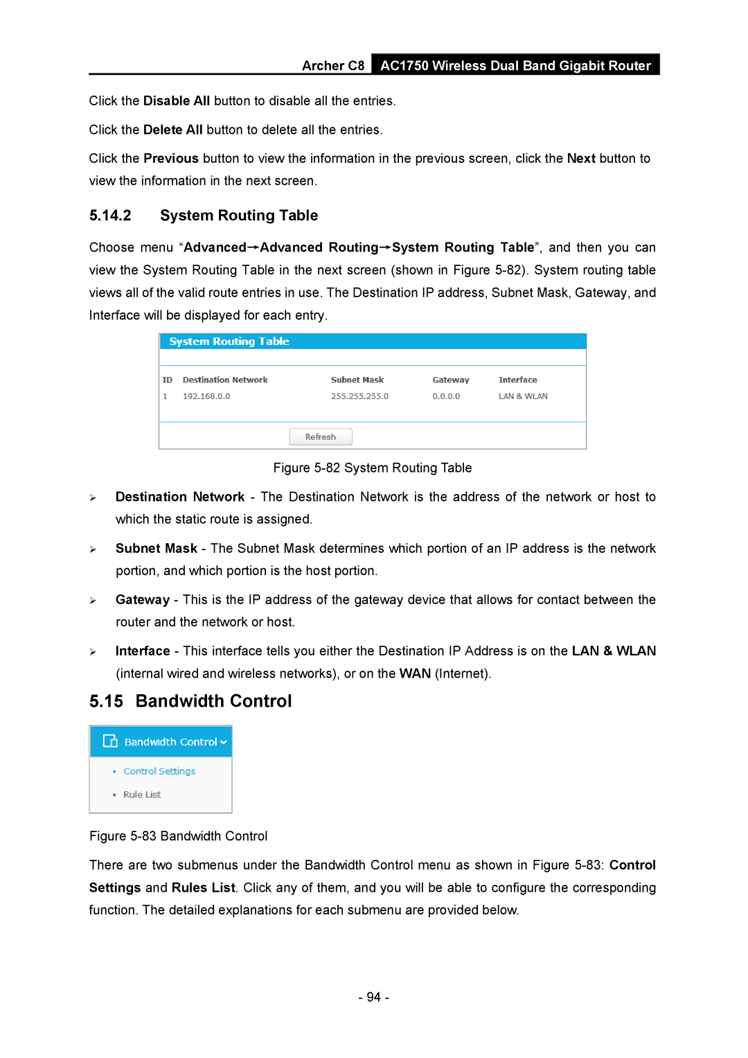 TP-Link AC1750 manual Bandwidth Control, System Routing Table 