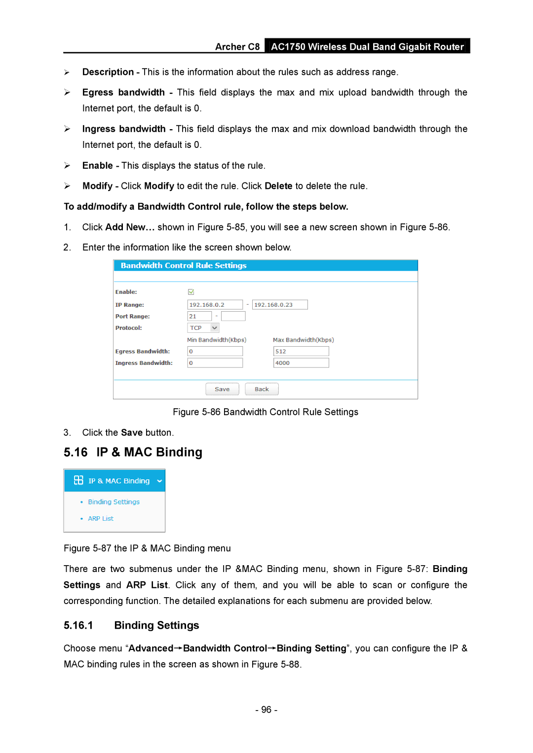 TP-Link AC1750 manual 16 IP & MAC Binding, Binding Settings 