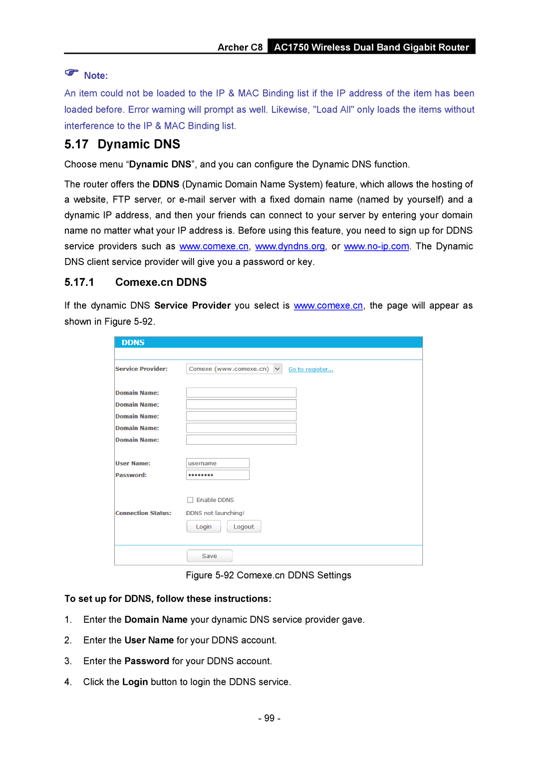 TP-Link AC1750 manual Dynamic DNS, Comexe.cn Ddns, To set up for DDNS, follow these instructions 