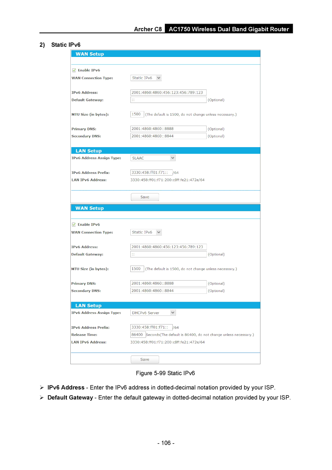 TP-Link AC1750 manual Static IPv6 