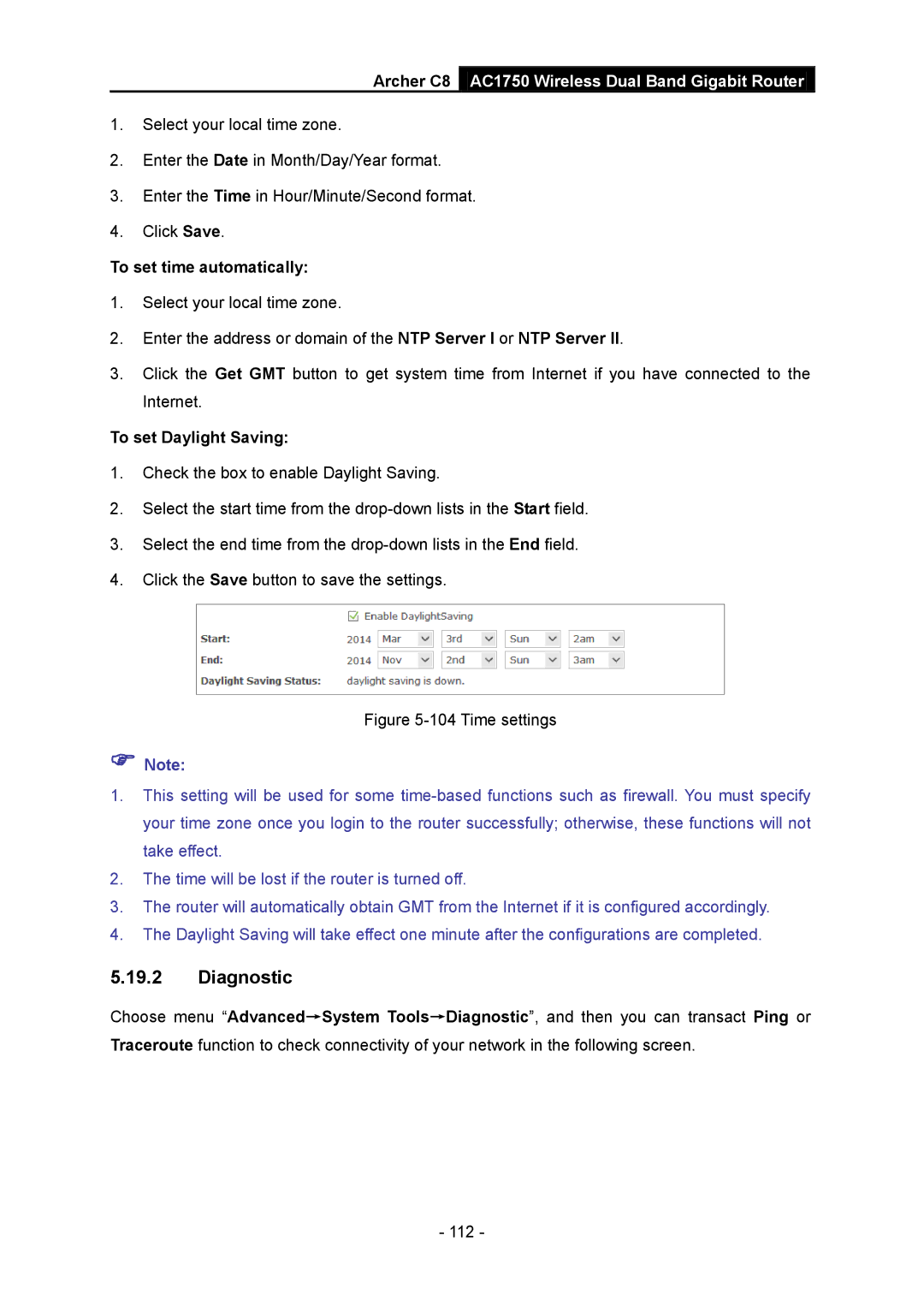 TP-Link AC1750 manual Diagnostic, To set time automatically, To set Daylight Saving 