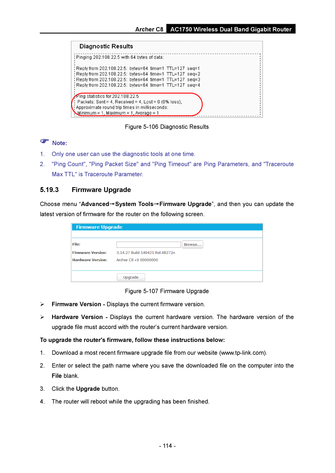 TP-Link AC1750 manual Firmware Upgrade, Diagnostic Results 