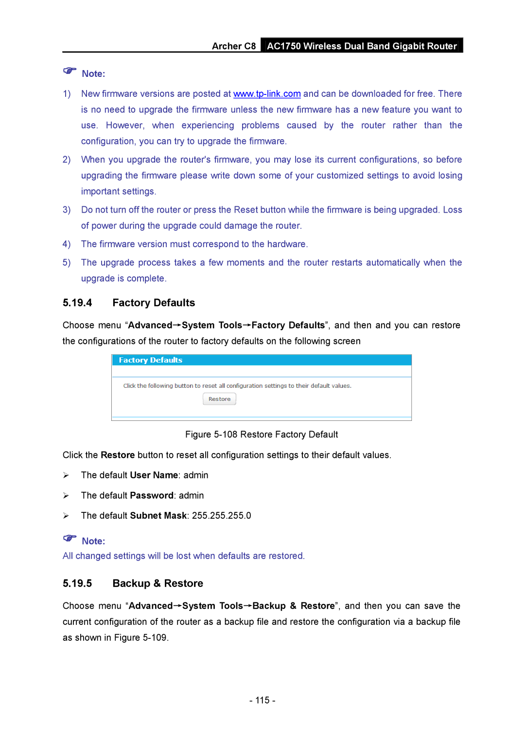 TP-Link AC1750 manual Factory Defaults, Backup & Restore 