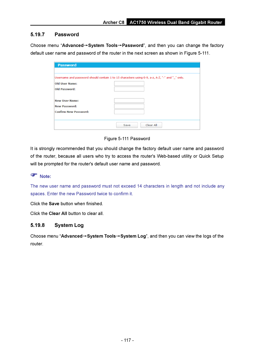 TP-Link AC1750 manual Password, System Log 