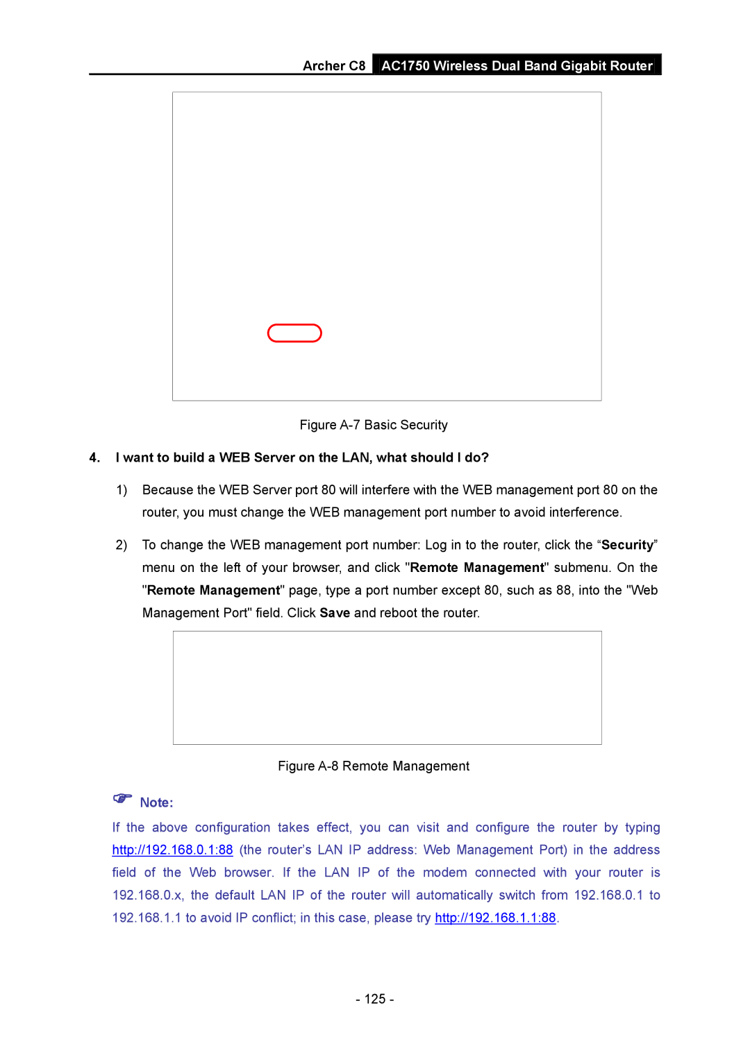 TP-Link AC1750 manual Figure A-7 Basic Security, Want to build a WEB Server on the LAN, what should I do? 