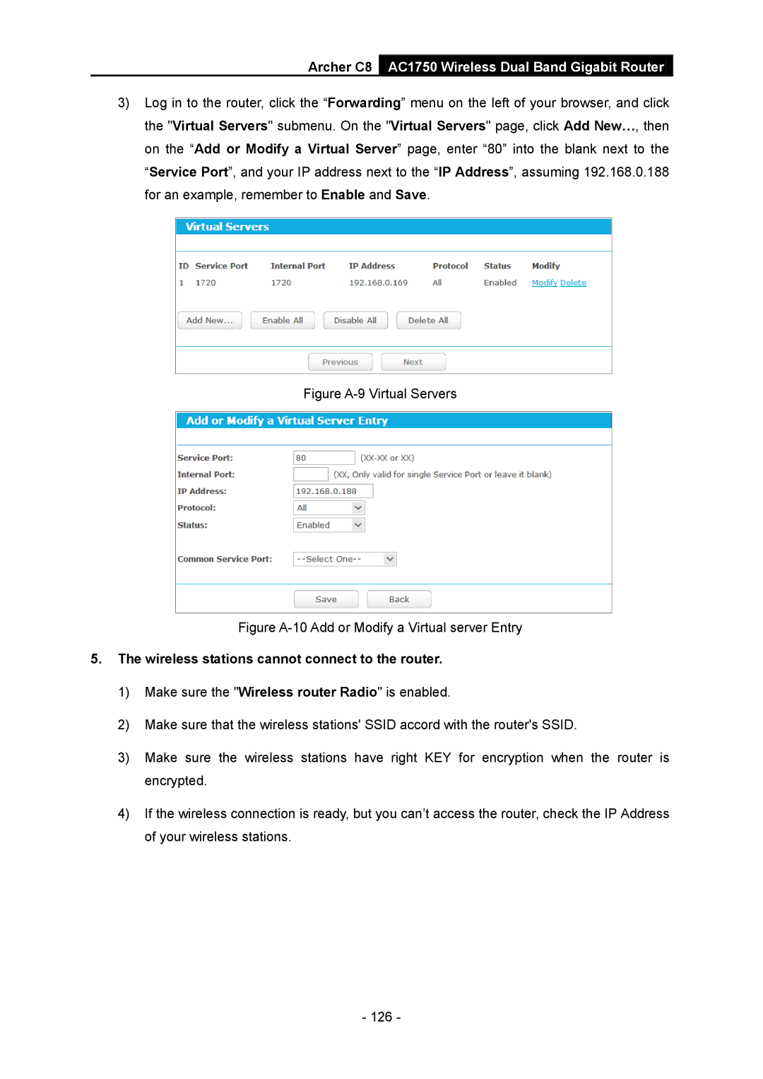 TP-Link AC1750 manual Figure A-9 Virtual Servers, Wireless stations cannot connect to the router 