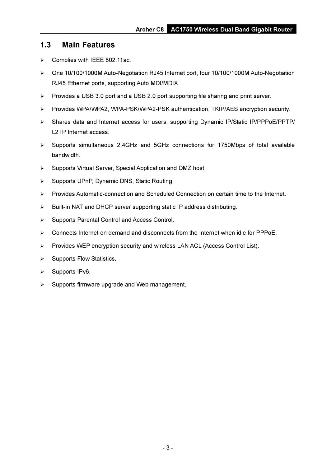 TP-Link AC1750 manual Main Features 