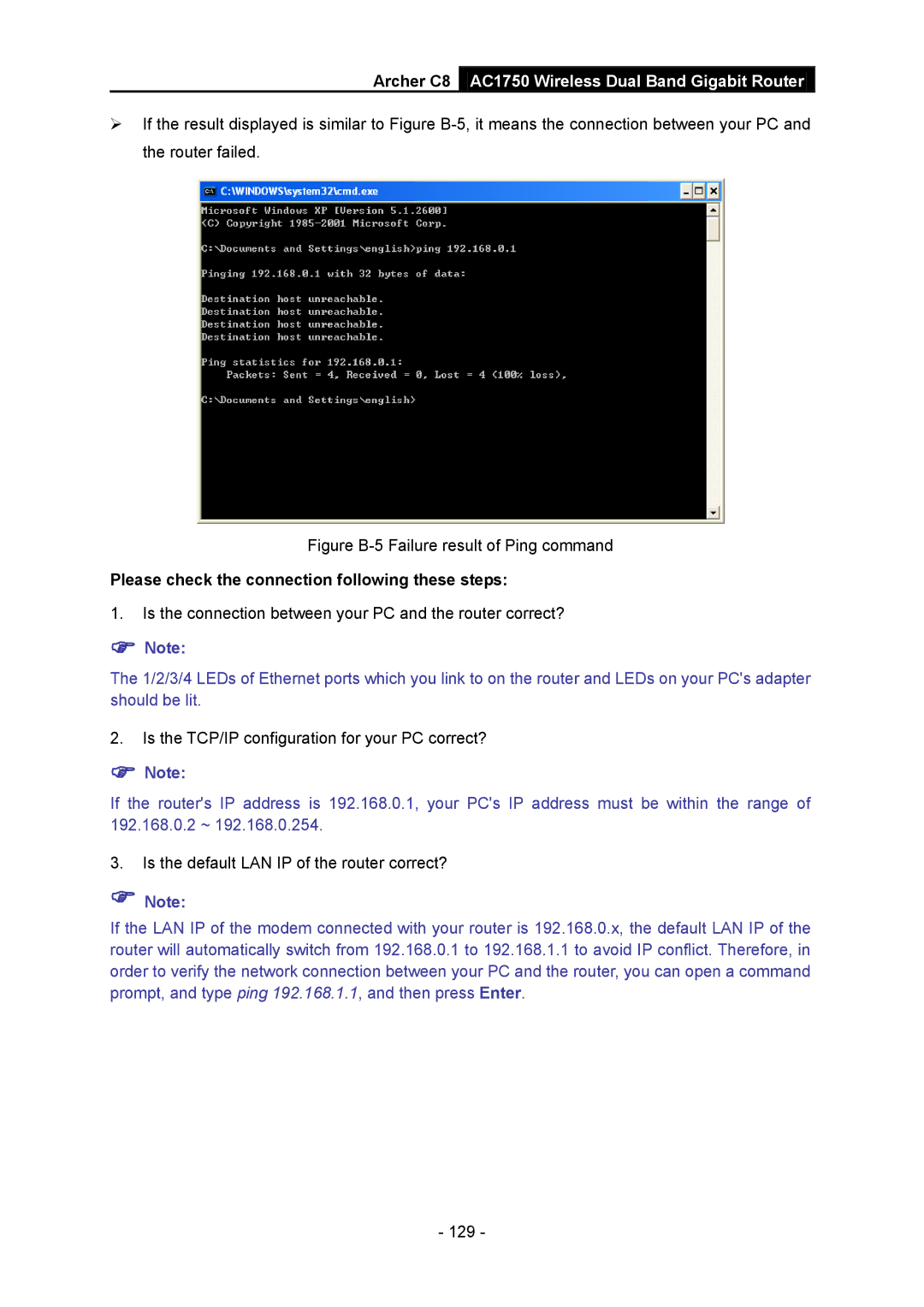 TP-Link AC1750 manual Figure B-5 Failure result of Ping command, Please check the connection following these steps 