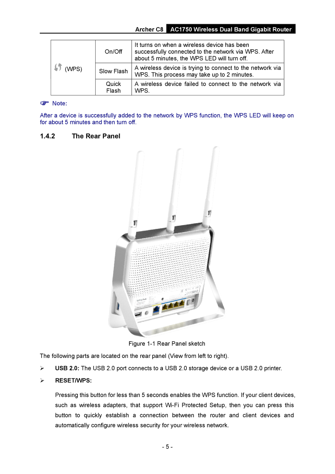 TP-Link AC1750 manual Rear Panel,  Reset/Wps 