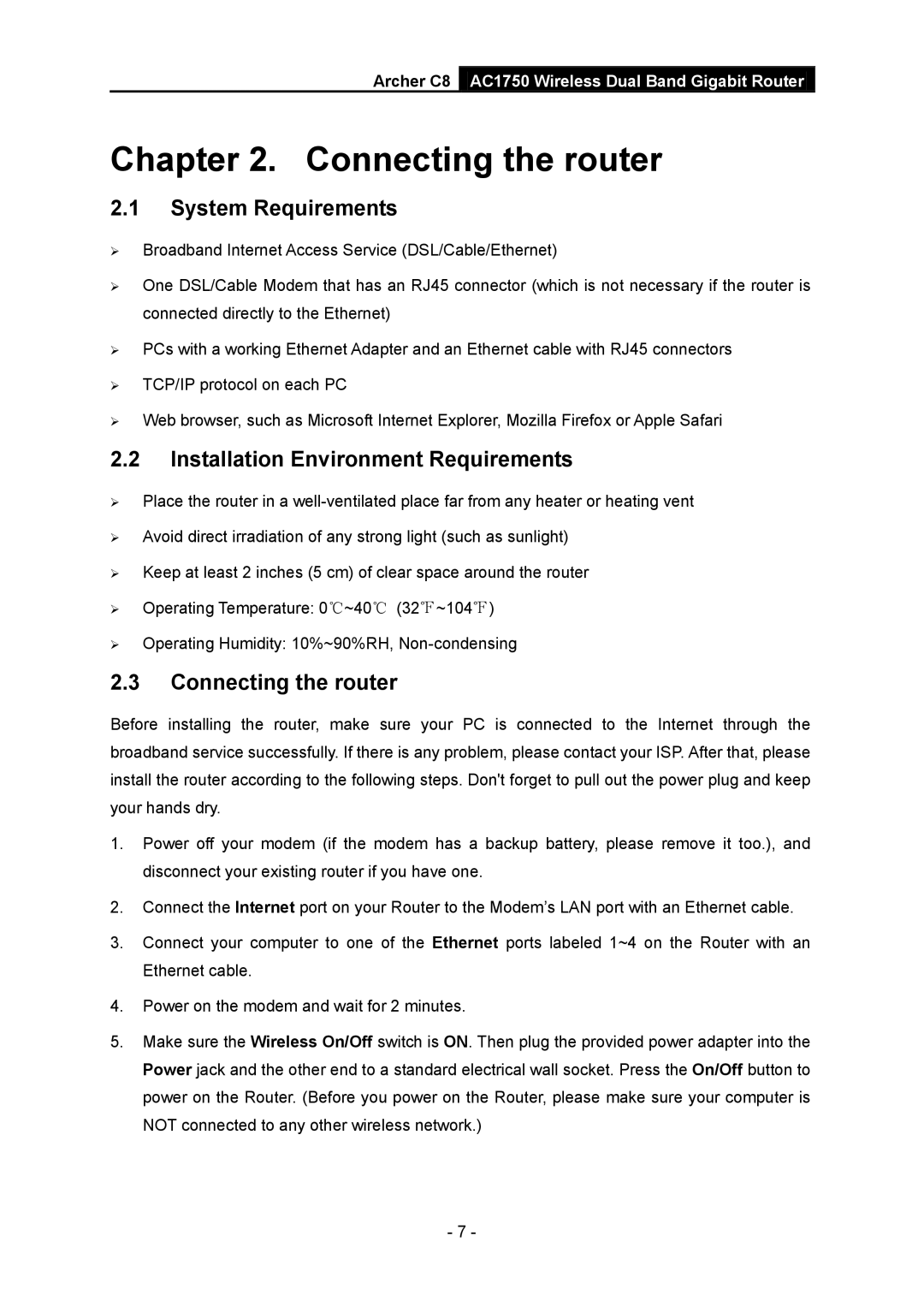 TP-Link AC1750 manual System Requirements, Installation Environment Requirements, Connecting the router 