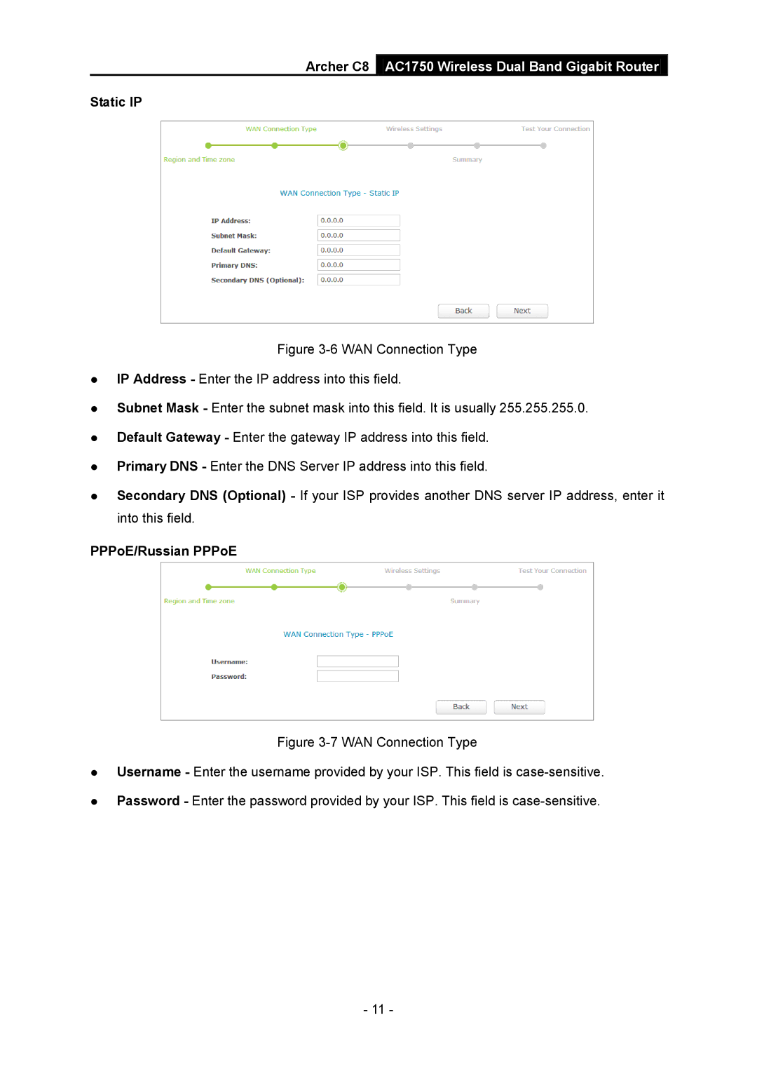 TP-Link AC1750 manual Static IP, PPPoE/Russian PPPoE 