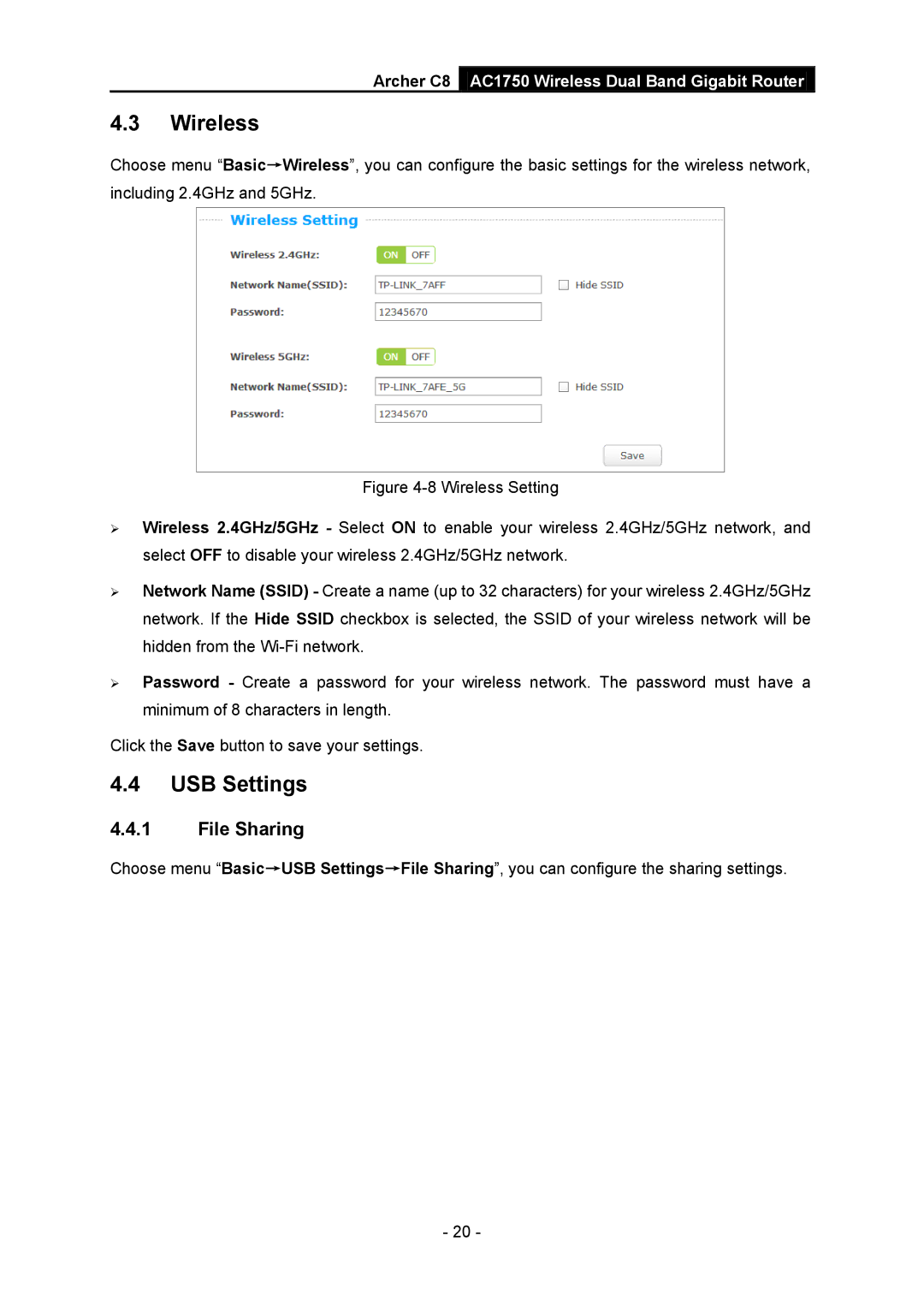 TP-Link AC1750 manual Wireless, USB Settings, File Sharing 